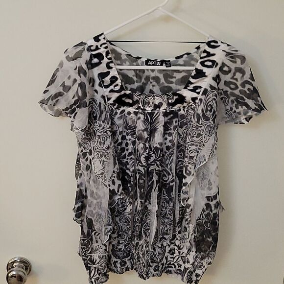 3/$30 APT 9 Chiffon Leopard Square Neck Short Sleeve Ruffle Blouson Blouse - Picture 2 of 9